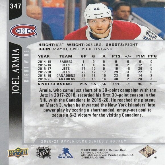 Joel Armia - 2020/2021 Upper Deck Series 2 Hockey Card - Picture 2 of 2